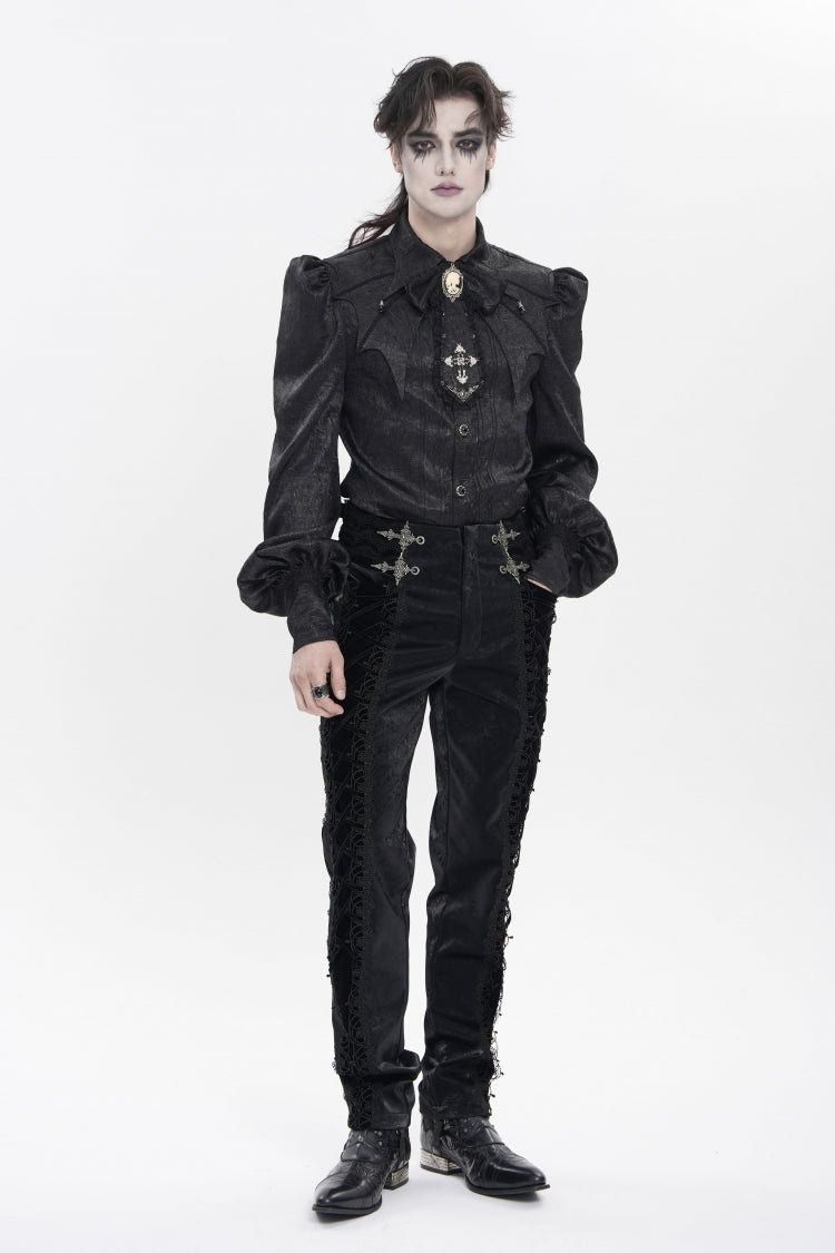 Black Lapel Collar Long Trumpet Sleeves Jacquard Bow Men's Palace Shirt with Necktie - Product - 3