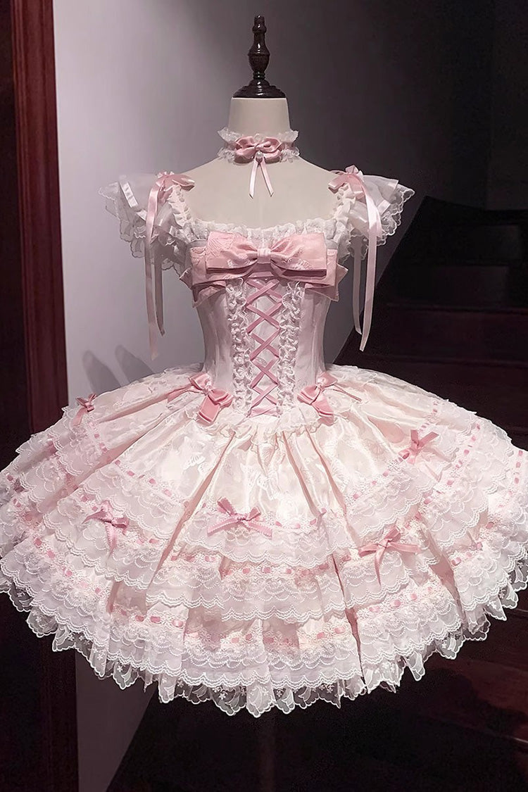 Pink [Flora Isle Butterfly] Sleeveless Ruffle Bowknot Lace Lace-Up Sweet Elegant Lolita Jsk Dress - Pink - 1