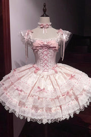 Rosa Flora Isle Schmetterling ärmellos Rüschen Schleife Spitze Schnürung süß elegant (Kleid einzeln) Vorderansicht