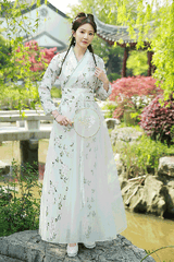 White Elegant Green Leaf Embroidery Sweet Hanfu Dress - Product - 2