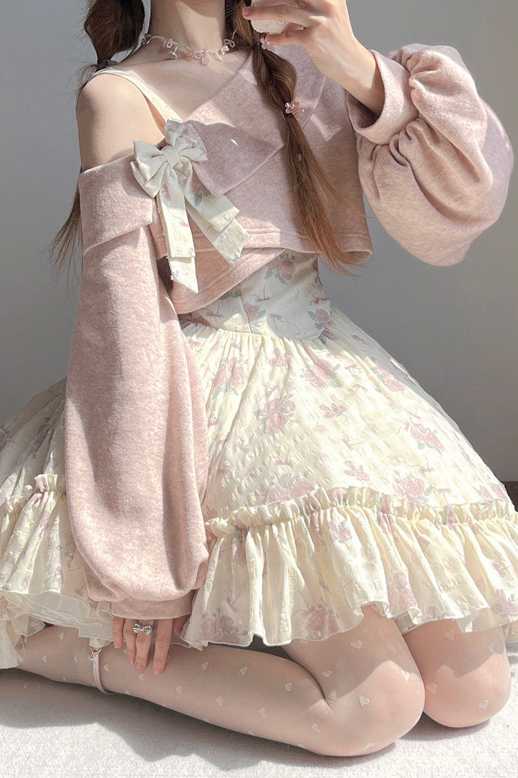 Pink Oblique Shoulder Print Ruffle Bowknot Lace Sweet Lolita Jsk Dress Set - Product - 2