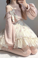 Pink Oblique Shoulder Print Ruffle Bowknot Lace Sweet Lolita Jsk Dress Set - Product - 2