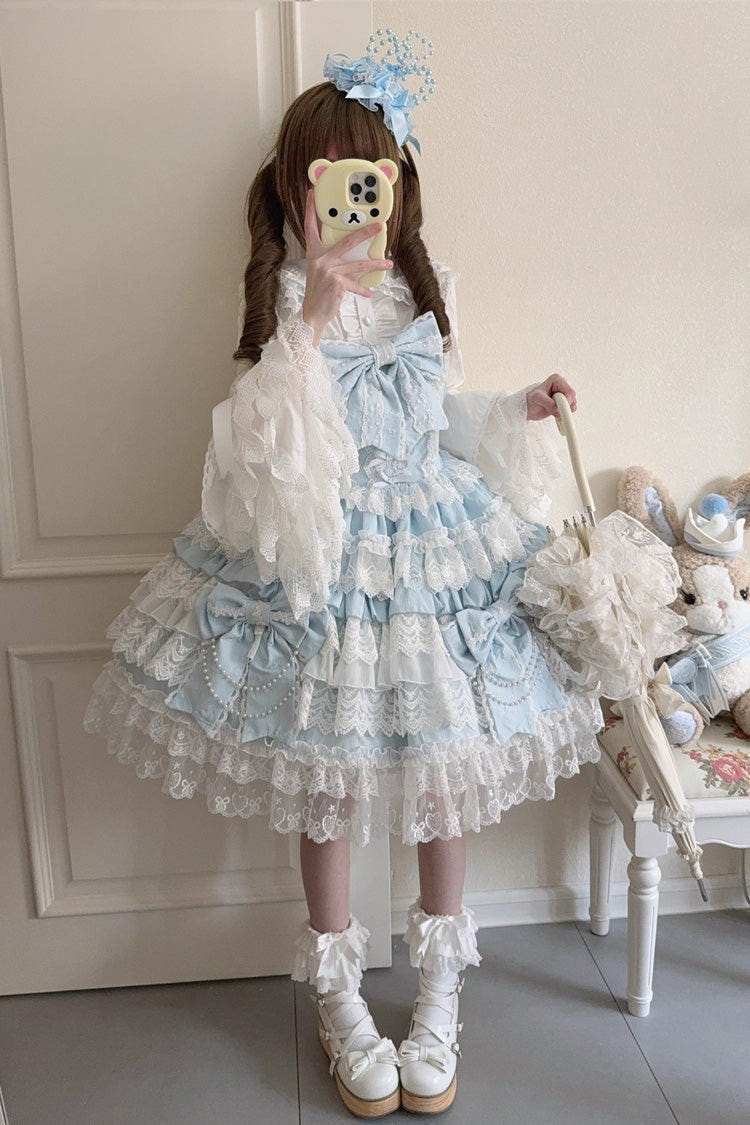 Blue [Knot of the Crossed Heart] Sleeveless Multi-Layered Ruffle Hanayome Cardigan Bowknot Lace Lace-Up Sweet Lolita Jsk Dress - Blue - 1