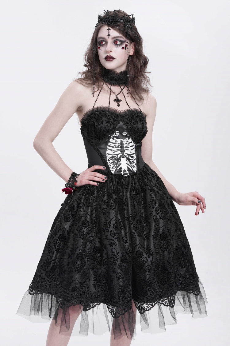 Black Halterneck Skeleton Print Embroidery Stitching Lace Women's Gothic Dress - Black - 1