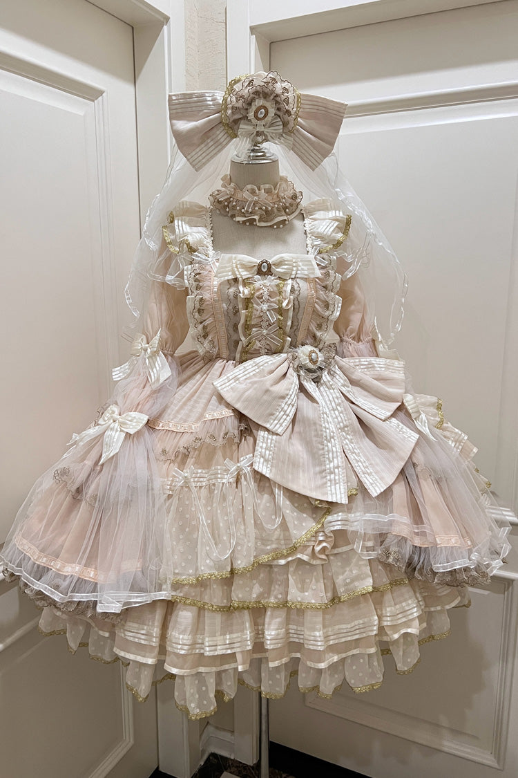 Apricot [Coronation] Long Trumpet Sleeves Multi-Layered Ruffle Bowknot Lace Sweet Gorgeous Lolita Dress Set - Product - 4