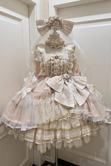 Apricot [Coronation] Long Trumpet Sleeves Multi-Layered Ruffle Bowknot Lace Sweet Gorgeous Lolita Dress Set - Product - 4