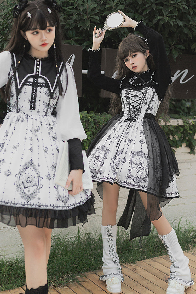 Black/White Long Sleeves Lace Ruffle Butterfly Magic Print Gothic Lolita OP Dress - Product - 10