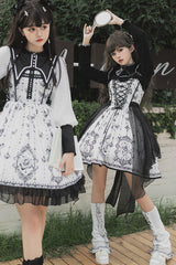 Black/White Long Sleeves Lace Ruffle Butterfly Magic Print Gothic Lolita OP Dress - Product - 10