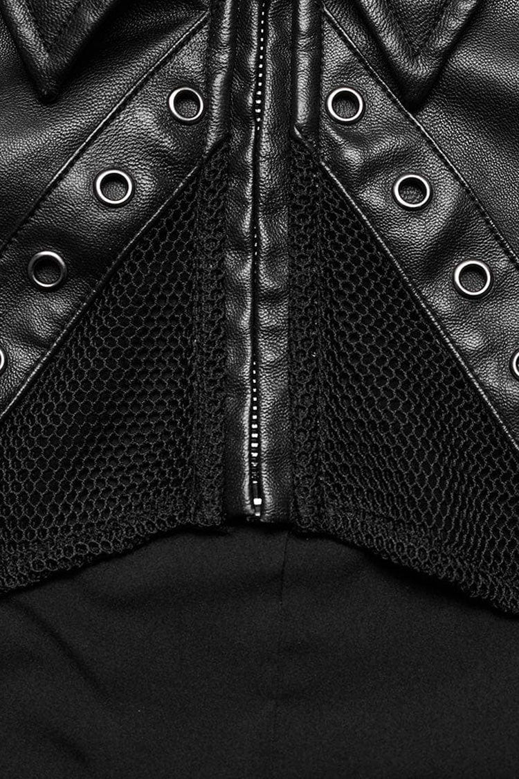 Black Faux Leather Long Sleeves Hollow Stitching Womens Steampunk Short Coat - Product - 7