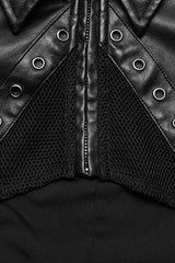 Black Faux Leather Long Sleeves Hollow Stitching Womens Steampunk Short Coat - Product - 7