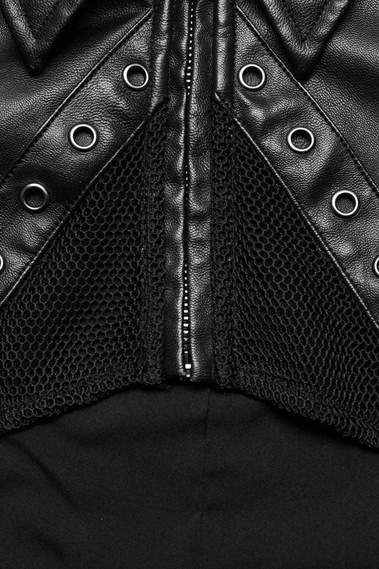 Black Faux Leather Long Sleeves Hollow Stitching Womens Steampunk Short Coat - Product - 7