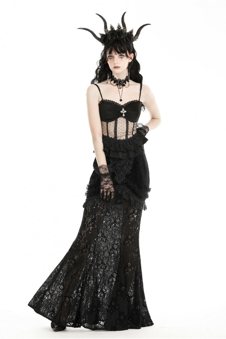 Black Spaghetti Straps Sheer Double-Layered Ruffled Lace Women's Gothic Top - Product - 6