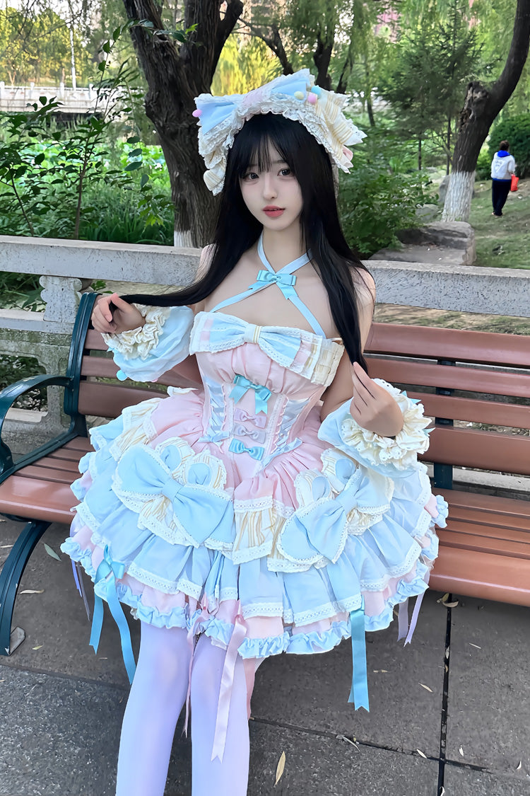Multi-Color [Ribbon Dance] Multi-Layered Ruffle Bowknot Lace-Up Sweet Princess Lolita Dress - Product - 10