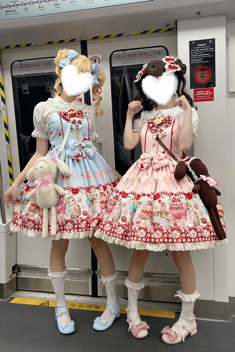 [Strawberry Cake Kitty] Sleeveless Printed Bow Lace Sweet Lolita Strap Dress 3 Colors - Product - 15