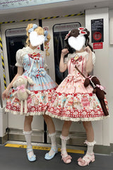 [Strawberry Cake Kitty] Sleeveless Printed Bow Lace Sweet Lolita Strap Dress 3 Colors - Product - 15
