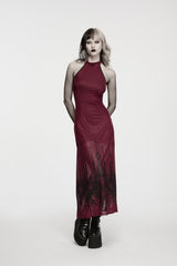 Red Halterneck Sleeveless Double-Layered Church Skull Printed  Printed Lace-Up Slim Women's Gothic Dress Graduation Dress - Product - 7
