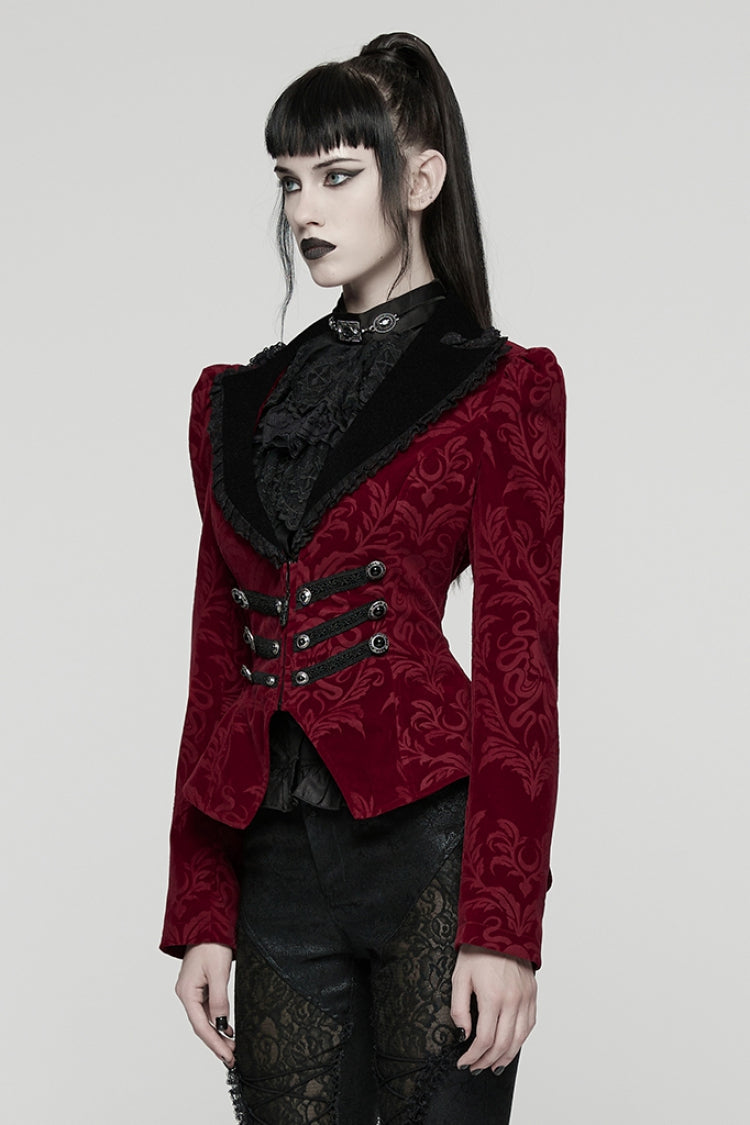 Red/Black Lapel Collar Long Sleeves Lace-Up Zipper Women's Punk Coat - Product - 2