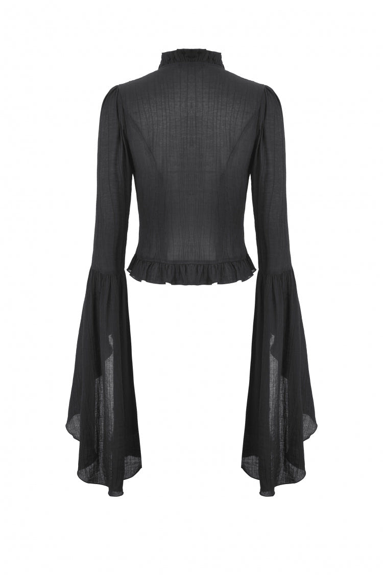 Black Ruffled V Collar Cross Ornament Long Trumpet Sleeves Pleated Women's Gothic Top - Product - 11