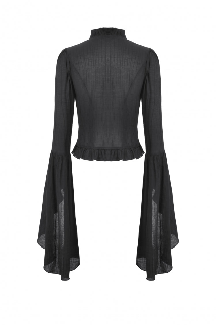 Black Ruffled V Collar Cross Ornament Long Trumpet Sleeves Pleated Women's Gothic Top - Product - 11