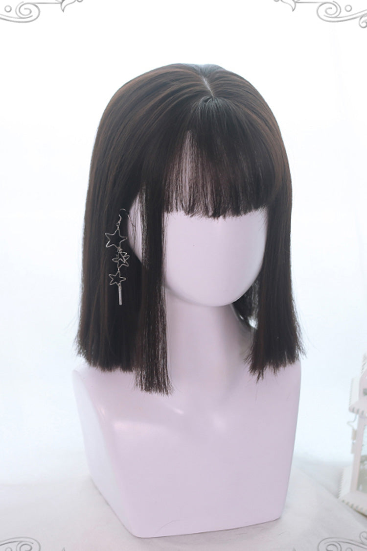 Brown Air Bangs Medium Long Straight Hair Sweet Lolita Wig - Brown - 1