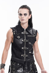 Black Lapel Collar Sleeveless Ripped Buckle Eyelets Men's Gothic Vest - Product - 8