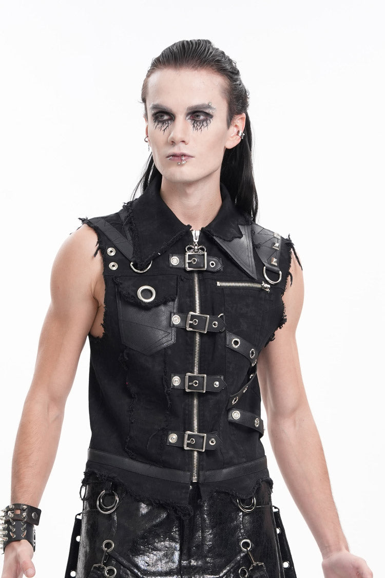 Black Lapel Collar Sleeveless Ripped Buckle Eyelets Men's Gothic Vest - Product - 8