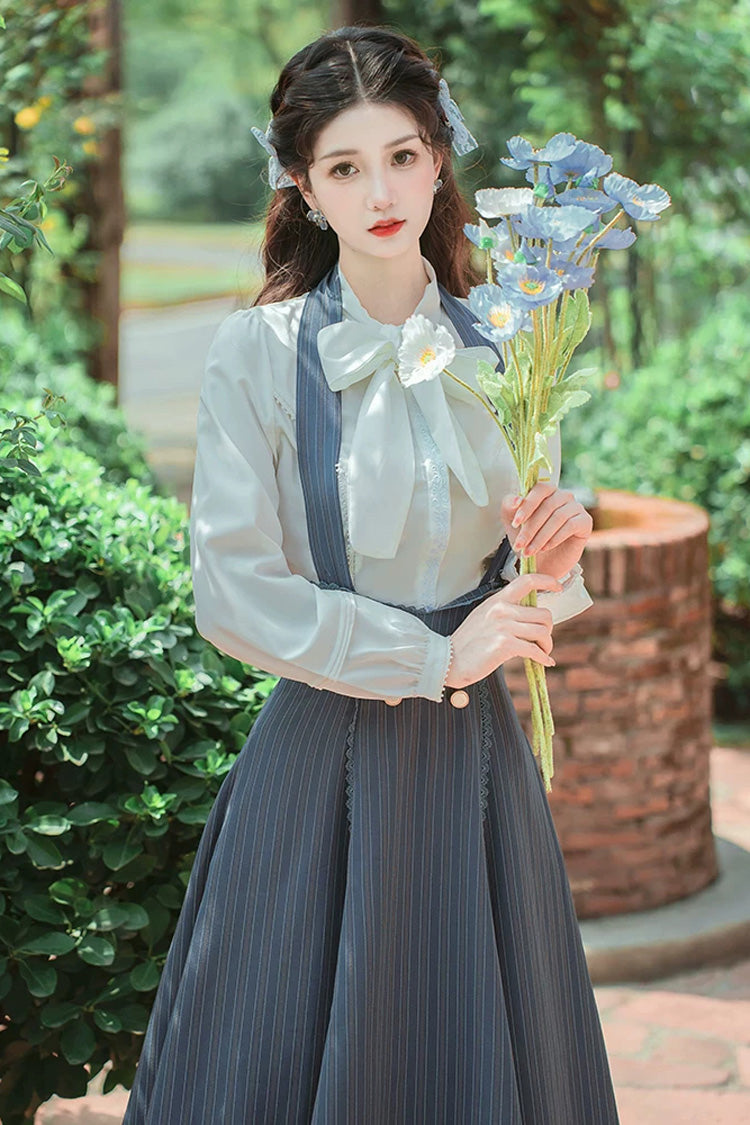 Blue Bustier Halterneck Long Sleeves Striped Printed Bow Lace Sweet Lolita Two-Piece Skirt Set - Product - 6
