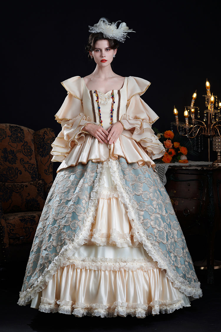 Blue/Champagne Half Trumpet Sleeves Ruffle Embroidery Cardigan Lace Classic Princess Palace Lolita Victorian Dress - Blue/Champagne - 1