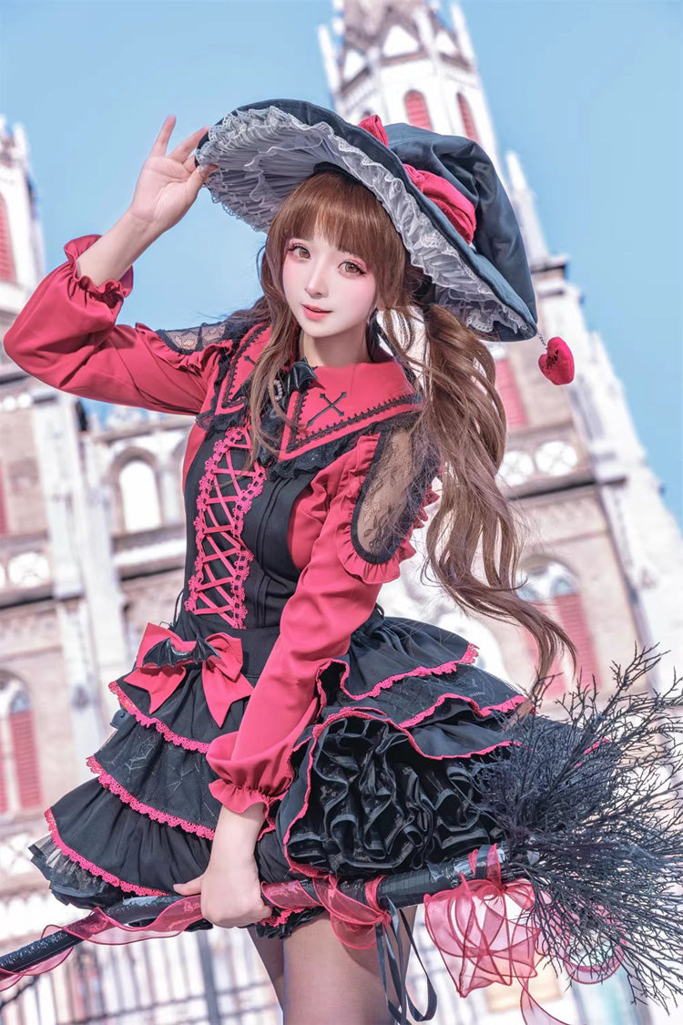 Black/Red [Showa Cake] Sleeveless Triple-Layered Ruffled Bow Lace-Up Witch Gothic Lolita Jsk Dress - Product - 5