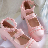 Frill Lace Simplicity Elegant Thick Heel Classic Lolita Shoes - Product - 9