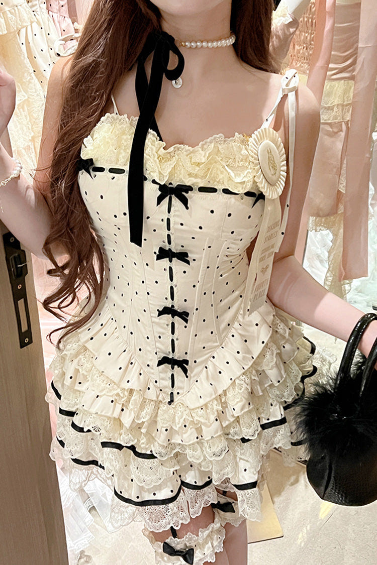 Ivory [Paris Holidays] Multi-Layered Polka Dots Print Ruffle Lace Fishbone Sweet Lolita Skirt Set - Product - 6
