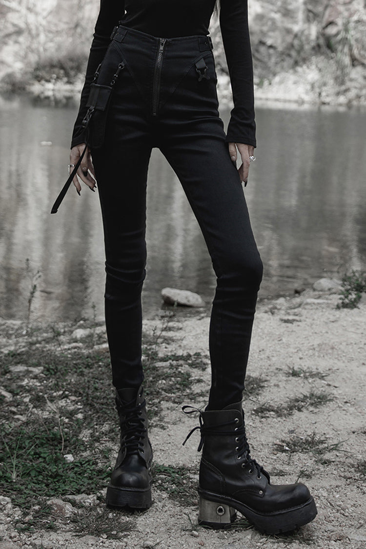Black Functional Tooling Style Pocket Belt Trim V-Shaped Split Zipper Women's Punk Trousers - Black - 1