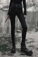 Black Functional Tooling Style Pocket Belt Trim V-Shaped Split Zipper Women's Punk Trousers - Black - 1