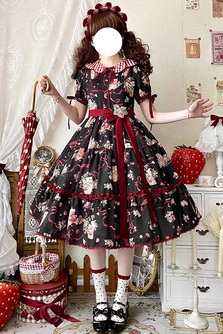 [Bear's Strawberry Garden] Lapel Collar Short Sleeves Print Bowknot Sweet Lolita Dress 4 Colors - Product - 4