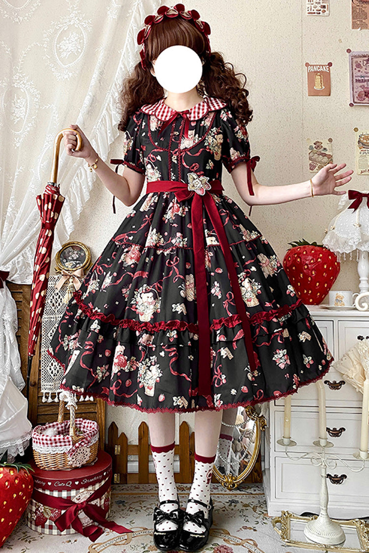 [Bear's Strawberry Garden] Lapel Collar Short Sleeves Print Bowknot Sweet Lolita Dress 4 Colors - Product - 4