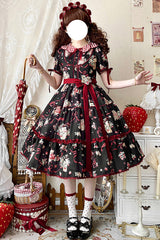 [Bear's Strawberry Garden] Lapel Collar Short Sleeves Print Bowknot Sweet Lolita Dress 4 Colors - Product - 4