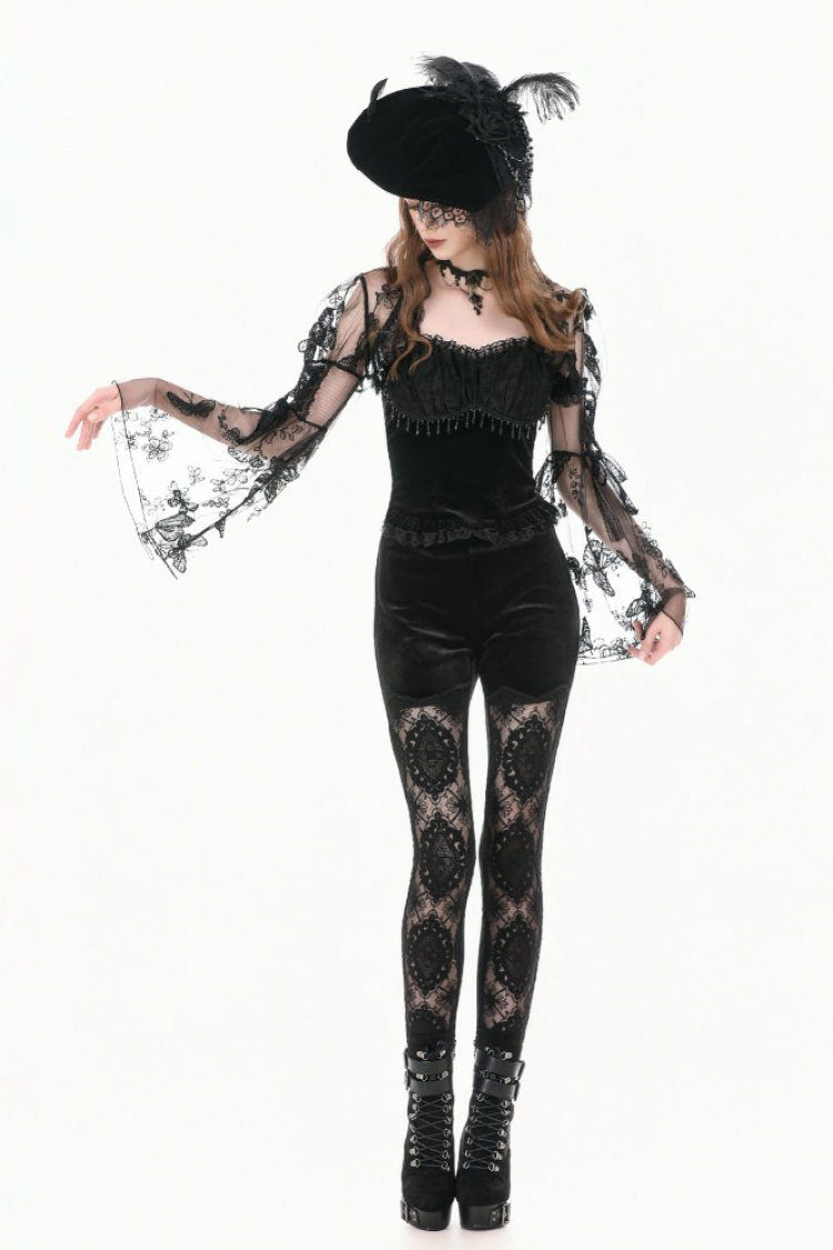 Black Women's Gothic Retro Embroidered Sheer Lace Patchwork Slim Leggings - Product - 9