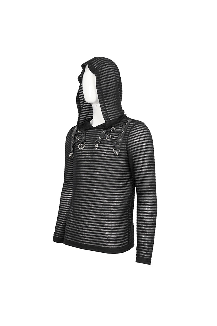 Black Striped Sheer Long Sleeve Men's Punk Sweatshirt Hooded - Product - 9