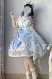 Blue Polka Waltz Sleeveless Print Bowknot Stitching Lace Sweet (Dress Only) front view