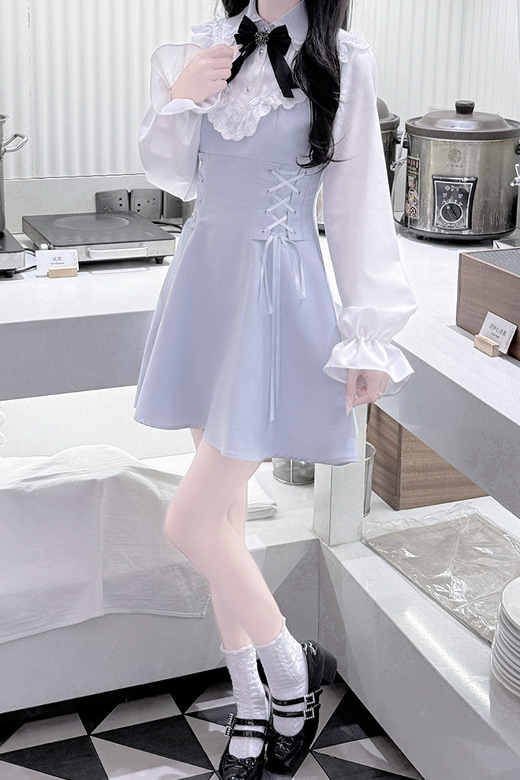 Aqua Long Sleeves Bowknot Lace-Up Sweet Jirai Kei Dress - Product - 7
