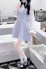 Aqua Long Sleeves Bowknot Lace-Up Sweet Jirai Kei Dress - Product - 7