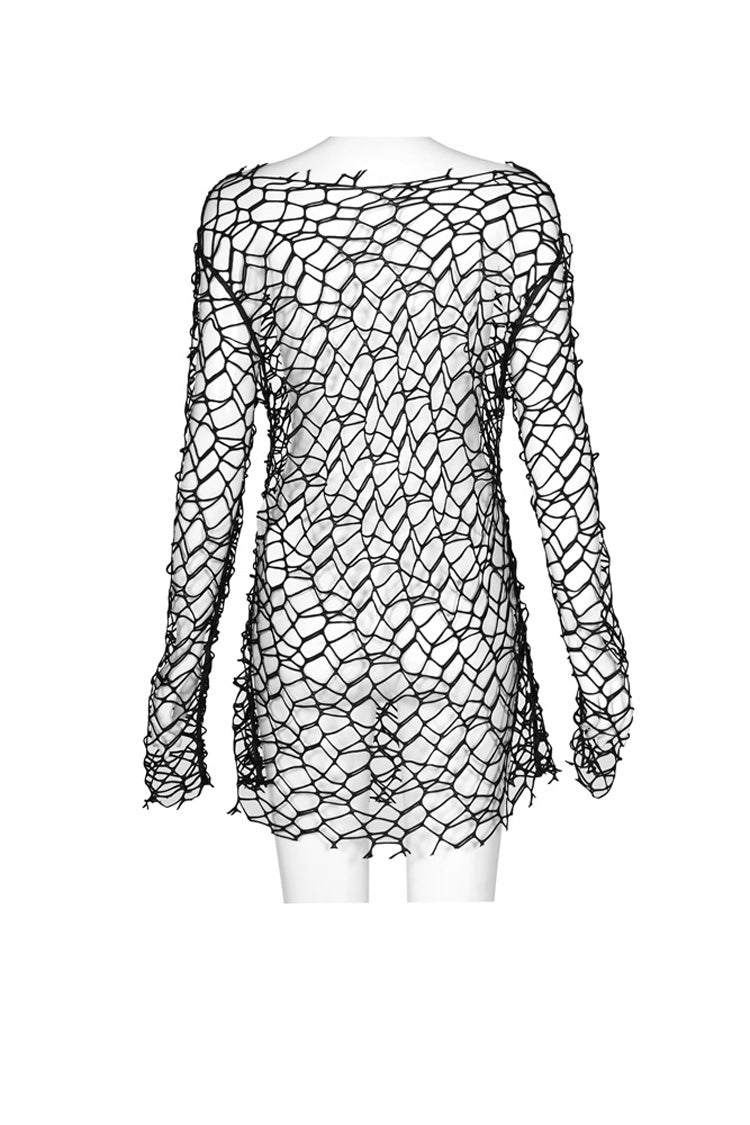 Black Long Sleeve Large Round Collar Large Mesh Women's Punk T-Shirt - Product - 6