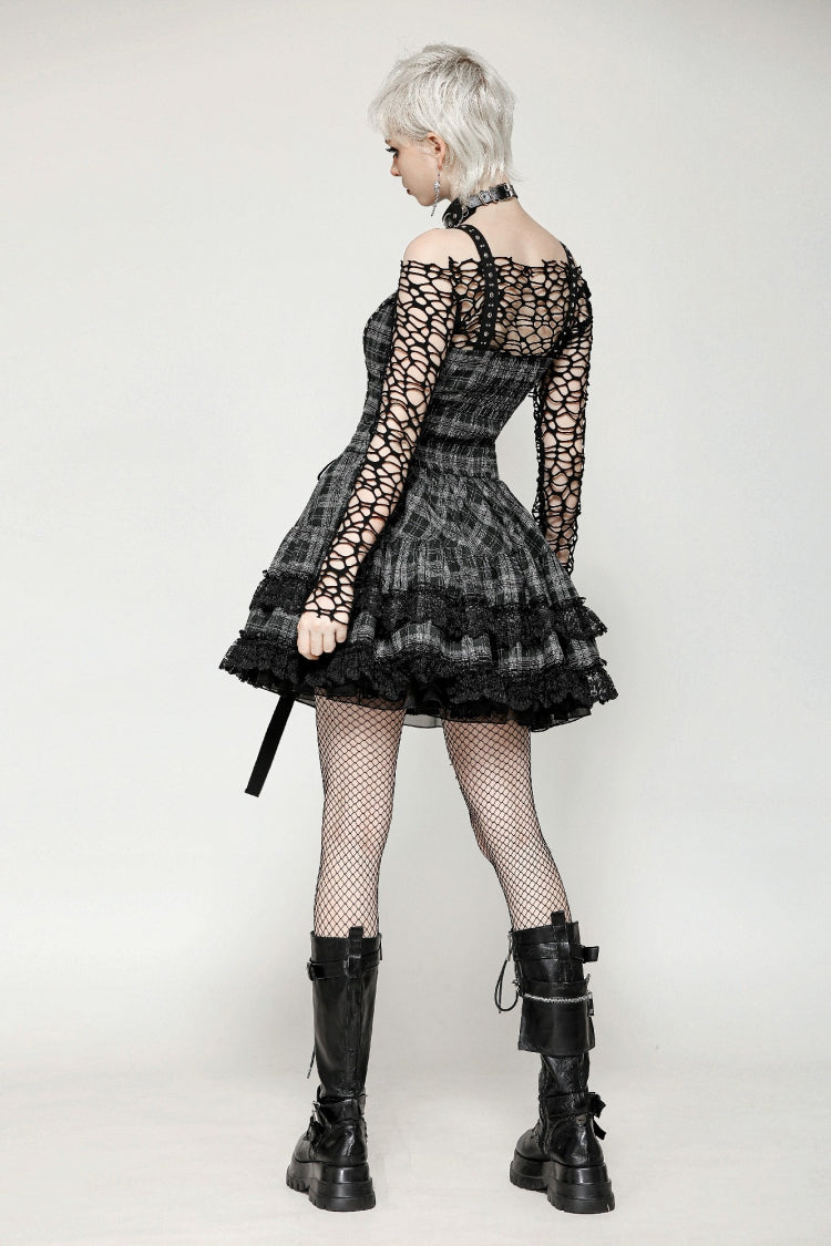 Grey Sleeveless Layered Lace Hem Plaid Women's Punk Party Slip Dress Graduation Dress - Product - 4