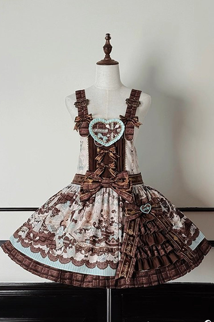 Brown [Teddy Bear Chocolate] Sleeveless Print Ruffle Side Cardigan Bowknot Asymmetric Sweet Lolita Strap Dress - Product - 13
