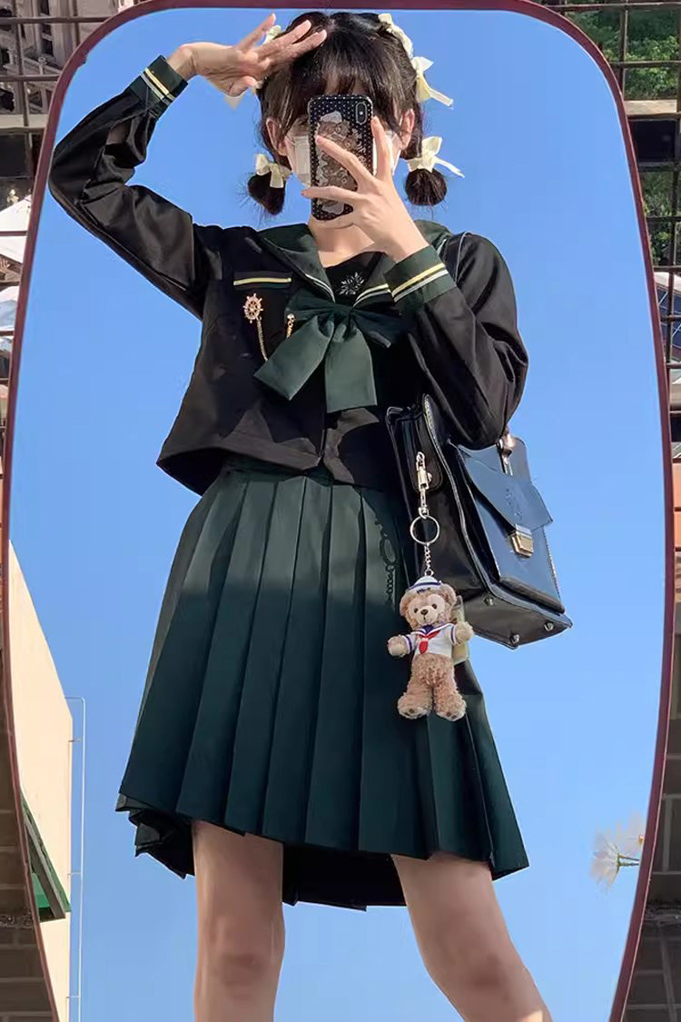 Black/Green Ruffle Bowknot Sweet Sailor College Style Japanese School Skirt Set - Product - 5
