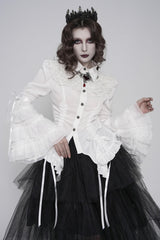 White Lapel Collar Long Trumpet Sleeves Lace Lace-Up Slim Women's Gothic Blouse - Product - 6
