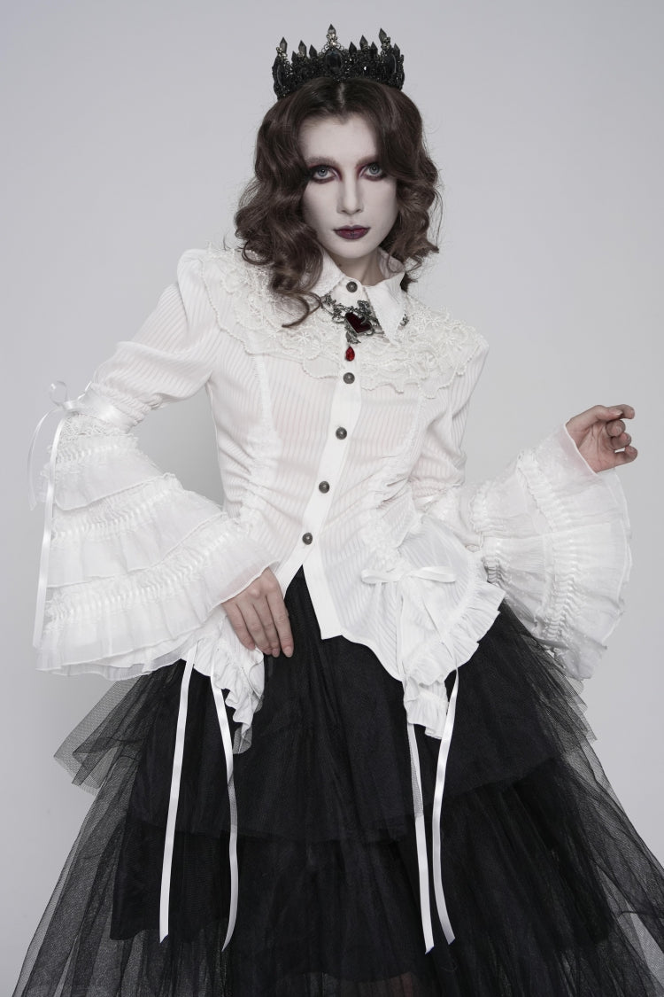 White Lapel Collar Long Trumpet Sleeves Lace Lace-Up Slim Women's Gothic Blouse - Product - 6