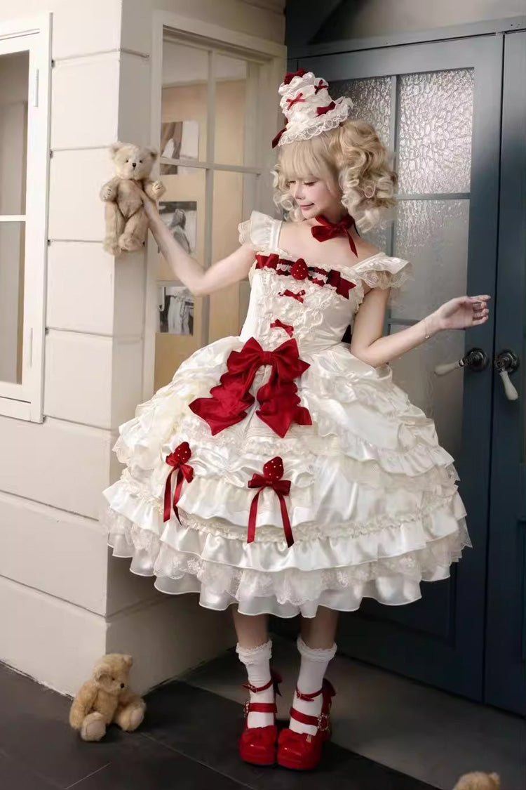 Apricot [Berry Endless] Square Collar Sleeveless Multi-Layered Ruffled Embroidered Bow Lace Sweet Lolita Jsk Dress - Product - 11