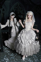 Solid Color [Bionic Doll] Square Collar Multi-Layered Ruffle Bowknot Lace-Up Gothic Lolita Fishtail Skirt Corset Set - Product - 19