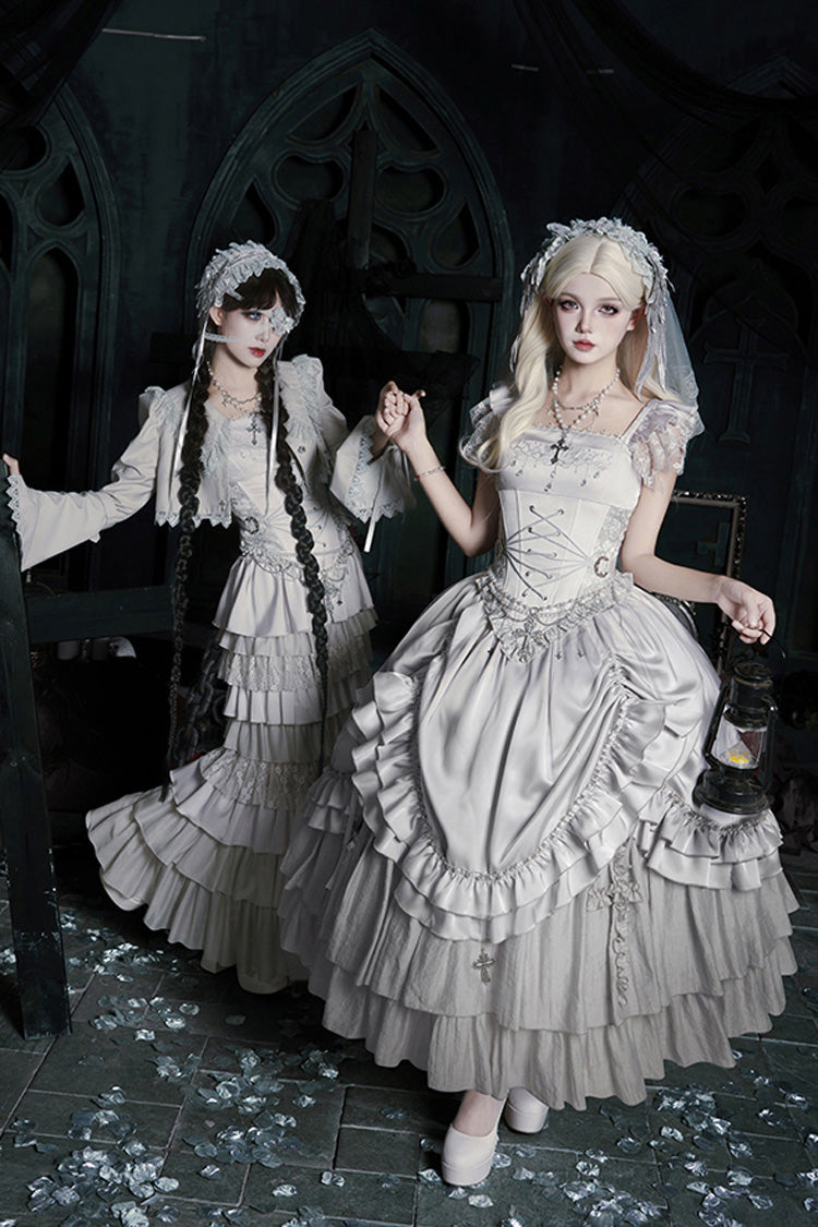 Solid Color [Bionic Doll] Square Collar Multi-Layered Ruffle Bowknot Lace-Up Gothic Lolita Fishtail Skirt Corset Set - Product - 19